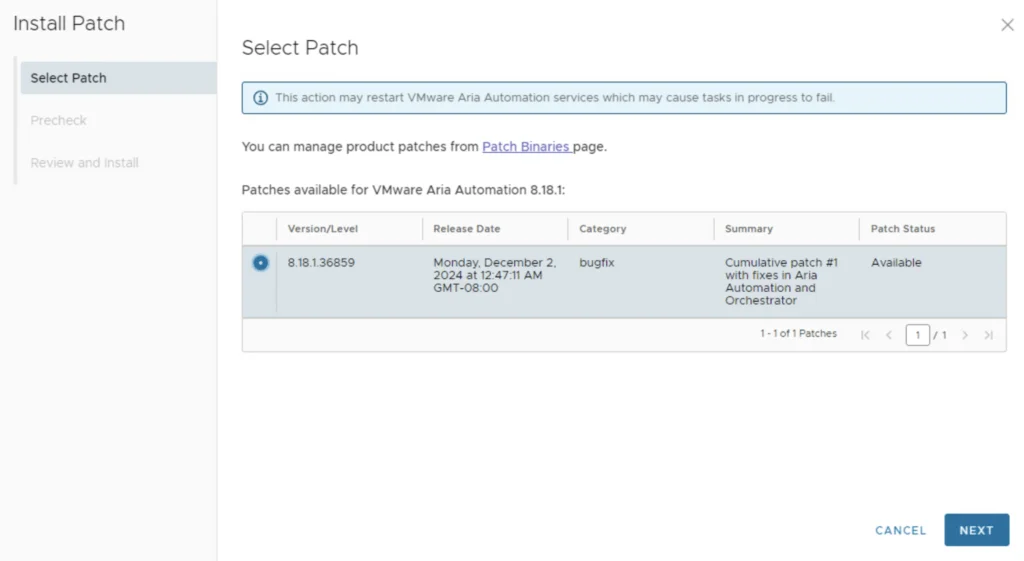 Selecting patch for VMware Aria Automation 8.18.1, version 8.18.1.36859, with bug fixes. Click Next to proceed.