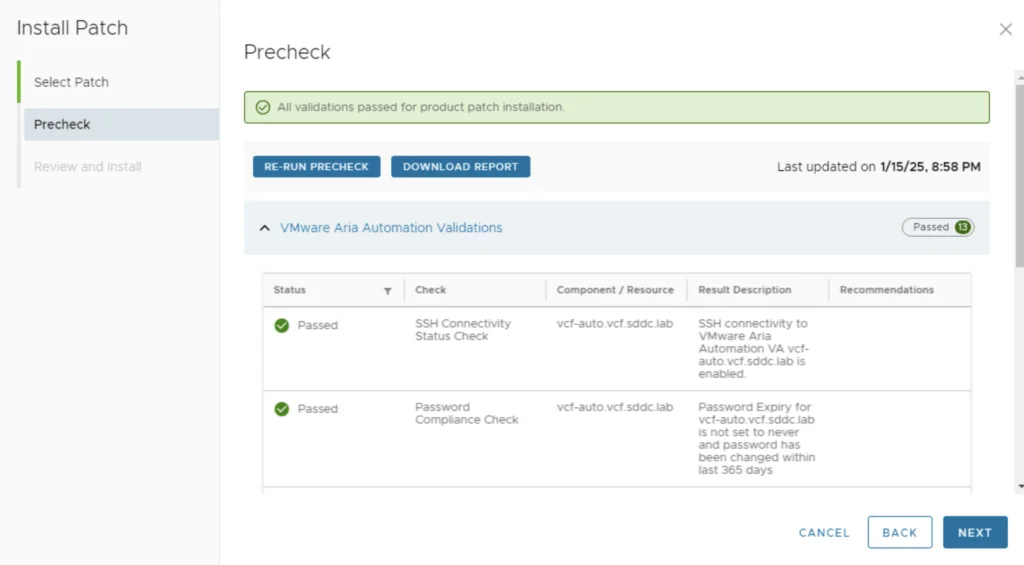 Precheck confirms patch installation readiness; click Next.