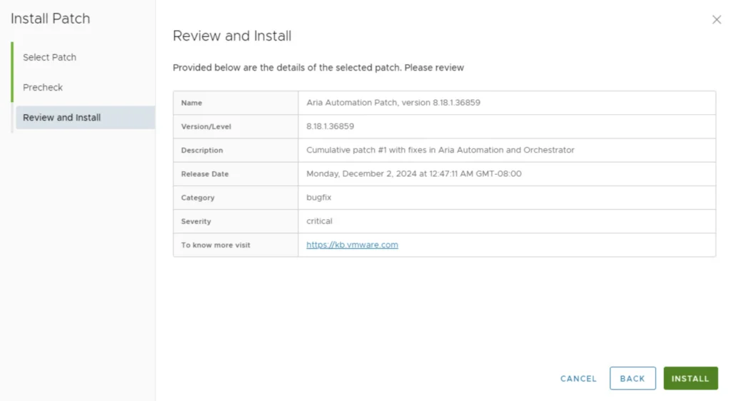 Review and Install step for Aria Automation Patch 8.18.1.36859, click Install to apply.