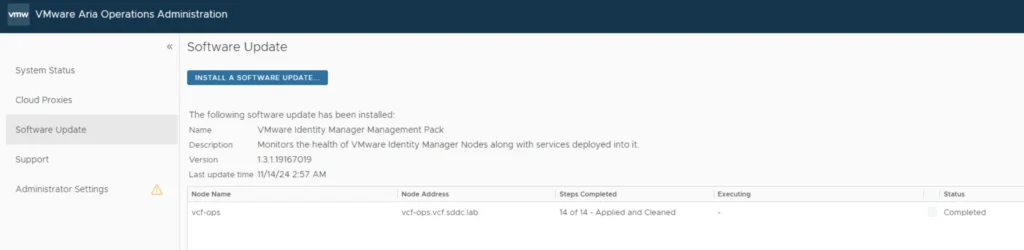 Software update installed: VMware Identity Manager Management Pack, version 1.3.1.19167019.