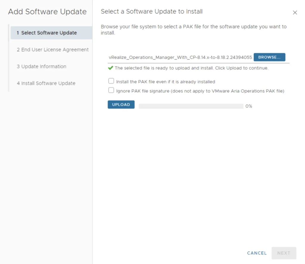 Select a .PAK file for Aria Operations update, then click Upload.