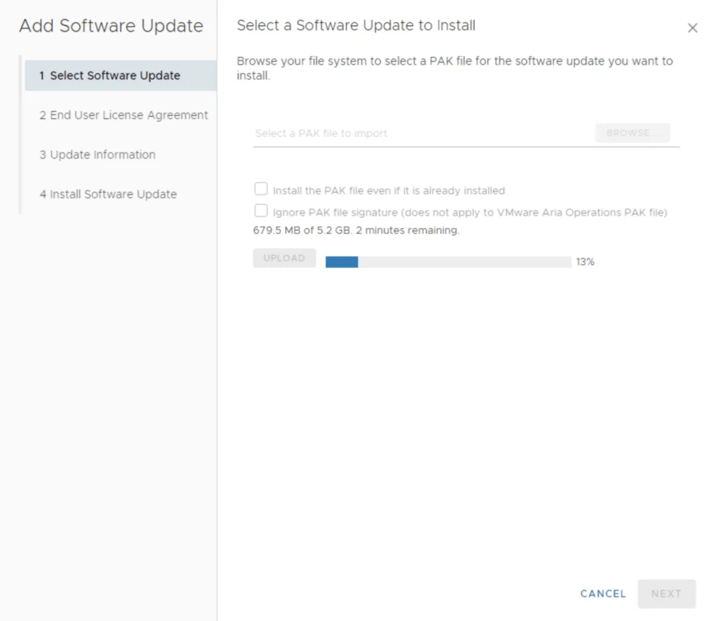 Upgrading Aria Operations to 8.18.2, uploading .pak file (13% done).