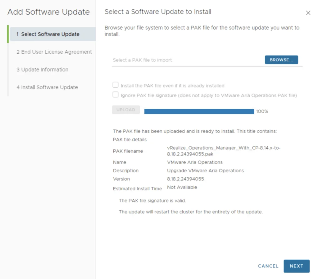 Upgrading Aria Operations to 8.18.2 using a .PAK file. Upload complete, click Next.