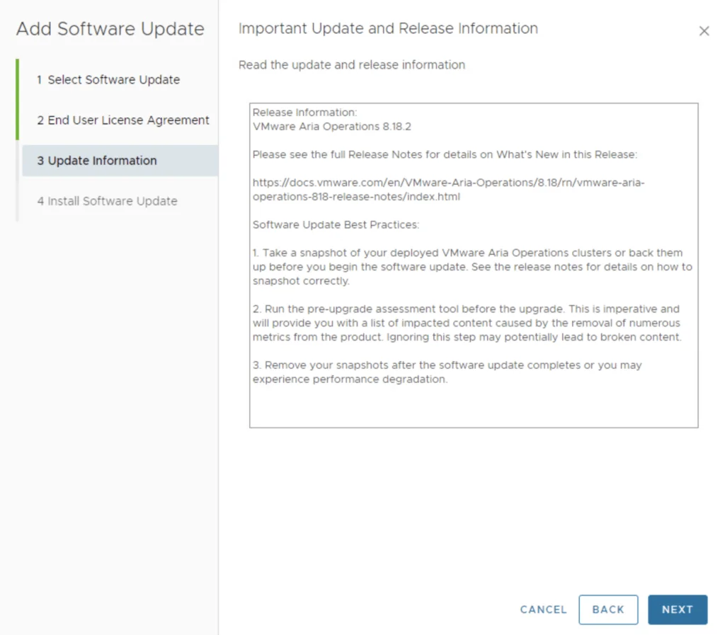 Upgrading Aria Operations to 8.18.2, review release notes; click Next.