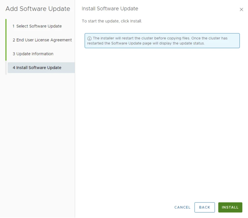 Wizard step 4: Install Software Update. Click Install to restart cluster.