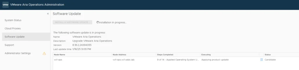 Software update in progress: VMware Aria Operations upgrade to 8.18.2.
