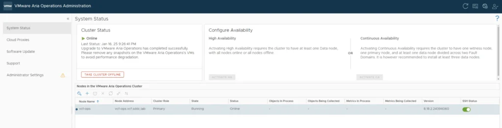 System Status shows cluster is online, with one primary node running.