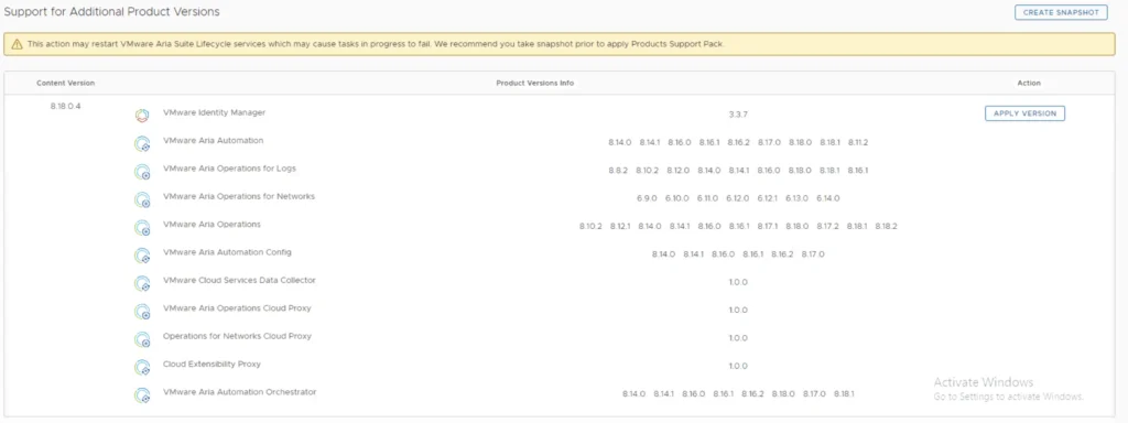 UI shows available product versions for Aria Suite Lifecycle 8.18 PSPACK4 upgrade.