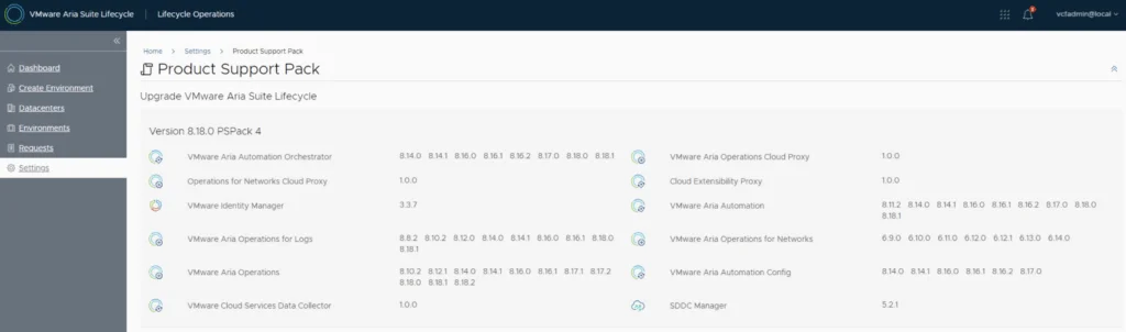 Upgrade status shows Aria Suite Lifecycle at version 8.18.0 PSPack 4.