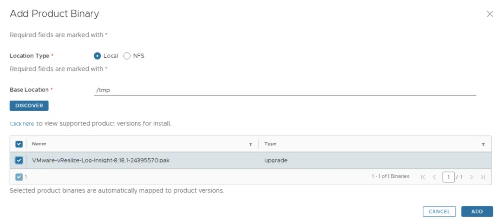 Adding a product binary for upgrade via VMware Aria Suite Lifecycle wizard.