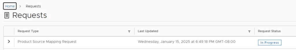 Requests page showing “In Progress” status for Product Source Mapping Request.