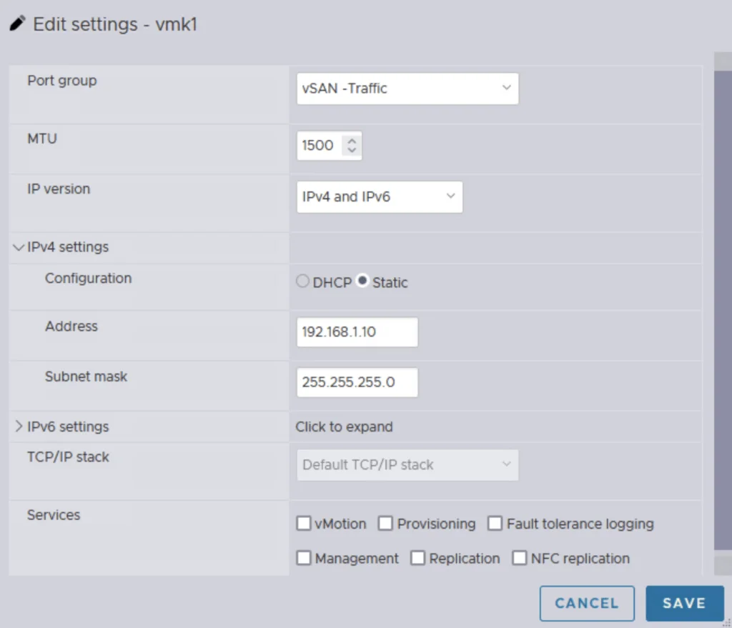 Editing vSAN traffic settings with IPv4 and IPv6, static IP, and service options.