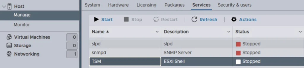 Manage > Services shows TSM-SSH stopped; start it via SSH client.