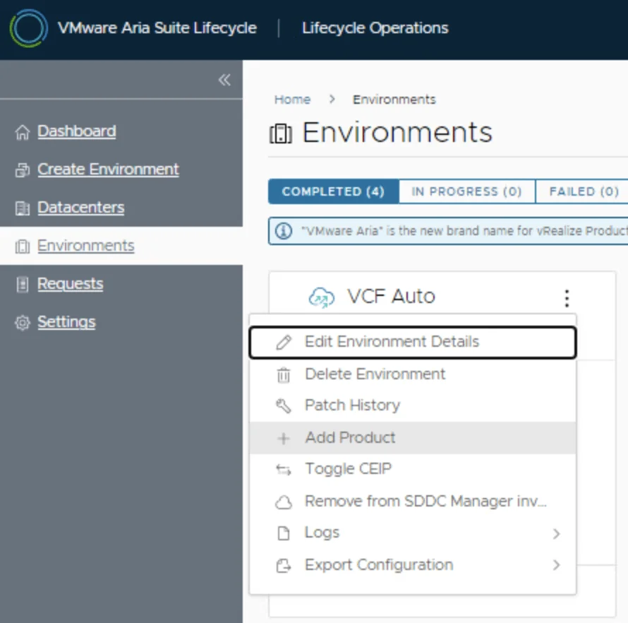 VMware Aria Suite Lifecycle shows an environment menu with options like Edit Environment Details, Delete Environment, and Add Product.
