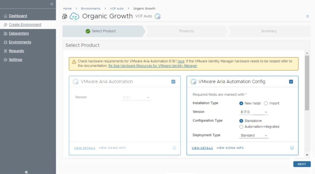 Selecting VMware Aria Automation Config version 8.17.0 and standalone configuration type.