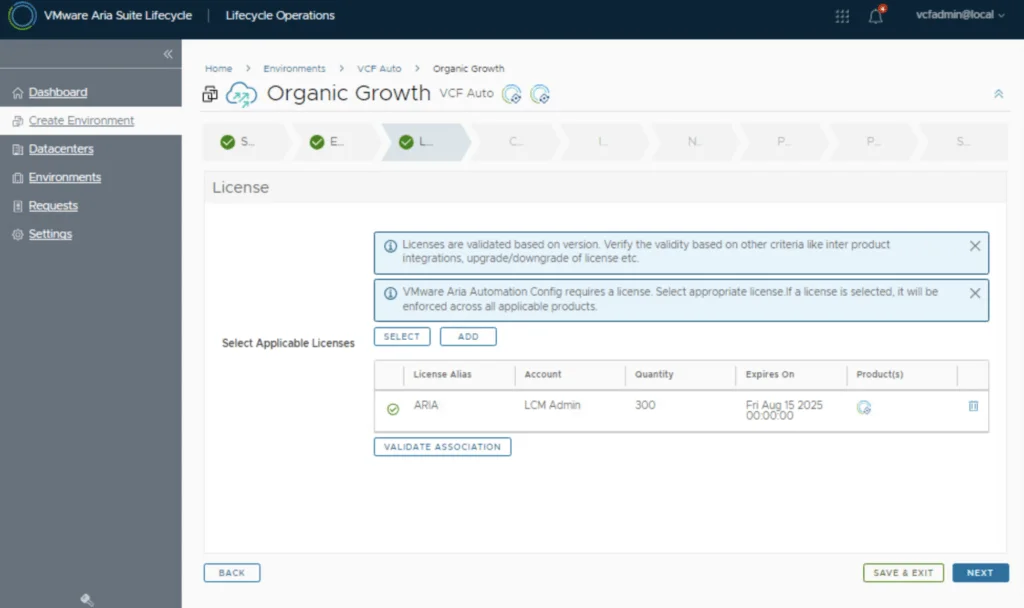 License selection screen in VMware Aria Suite Lifecycle Manager for SaltStack Config deployment.