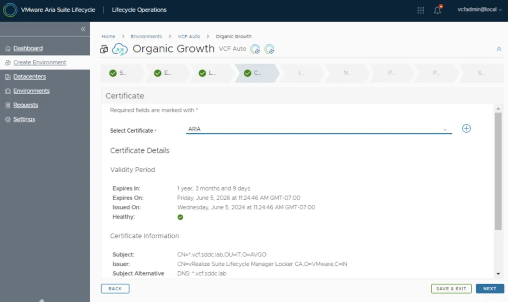 The image shows the Organic Growth step in VMware Aria Suite Lifecycle Manager, where a certificate is selected for a VCF Auto environment.