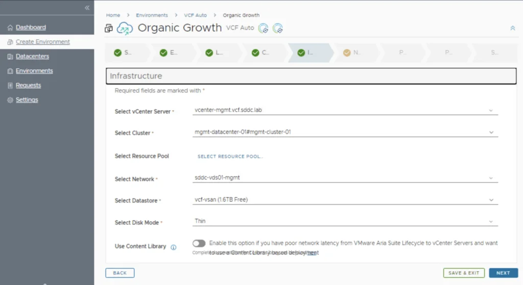 Infrastructure setup for SaltStack deployment in VMware Aria Suite Lifecycle Manager.