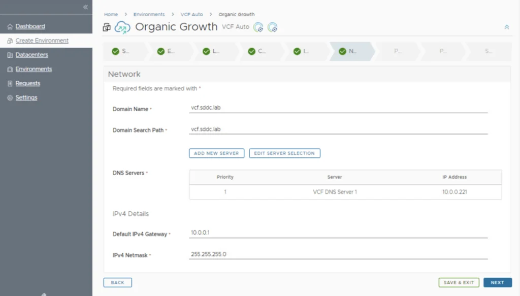 Network configuration step in VMware Aria Suite Lifecycle Manager for SaltStack deployment.