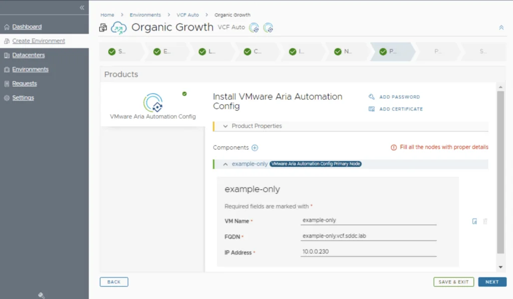 Deploying SaltStack Config 8.17 standalone using VMware Aria Suite Lifecycle Manager wizard step: Install VMware Aria Automation Config.