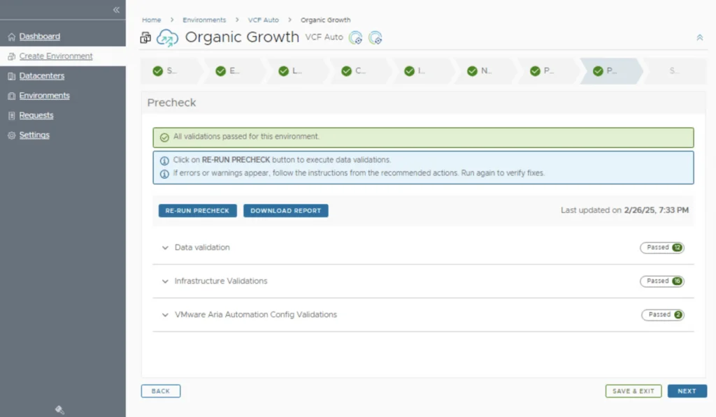 The image shows the “Organic Growth” precheck step in VMware Aria Suite Lifecycle Manager, with all validations passed.
