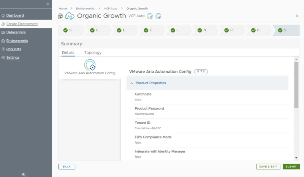 UI shows VMware Aria Automation Config settings for SaltStack 8.17 deployment.