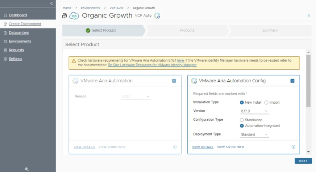 Selecting VMware Aria Automation SaltStack Config for Automation-Integrated setup, proceed with Next.