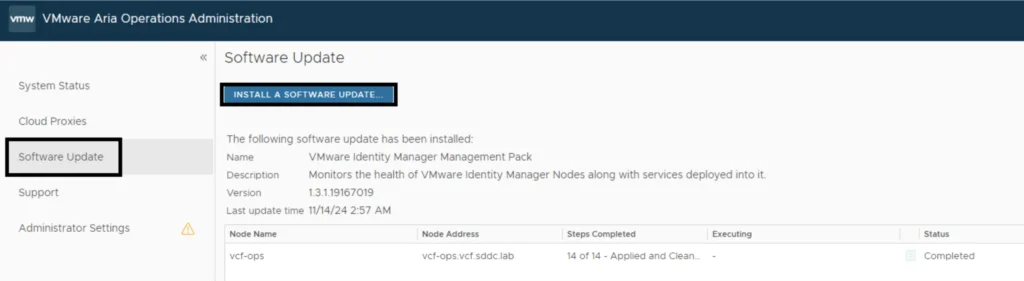 The image shows the “Software Update” section with a button to install a software update, indicating a completed update for VMware Identity Manager Management Pack.