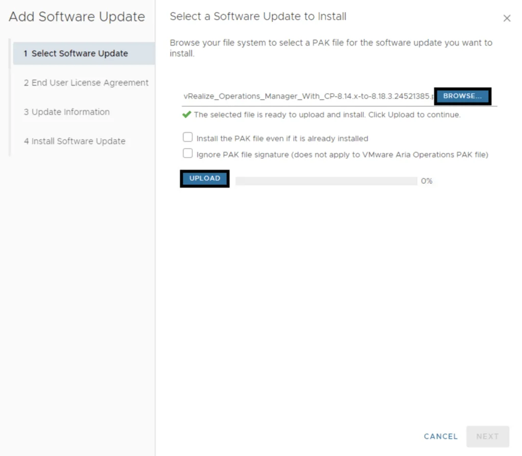 Upgrading Aria Operations using a .PAK file wizard, step 1: Select Software Update.
