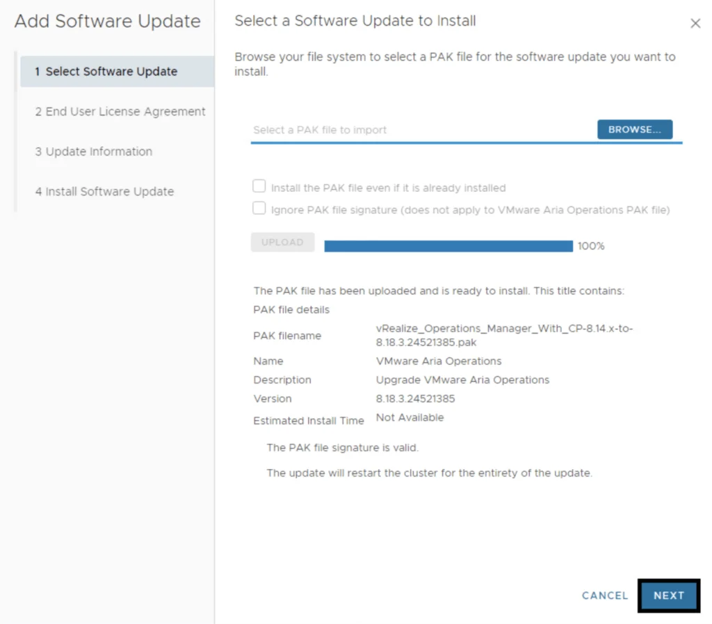 Upgrading Aria Operations to 9.0 using a .PAK file. Upload complete; click Next.