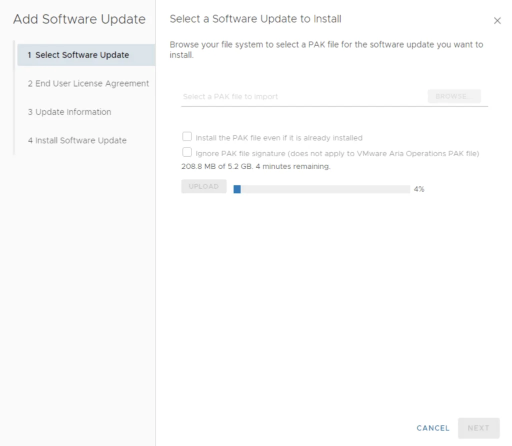 Uploading .pak file for Aria Operations 9.0 update, 4% complete.