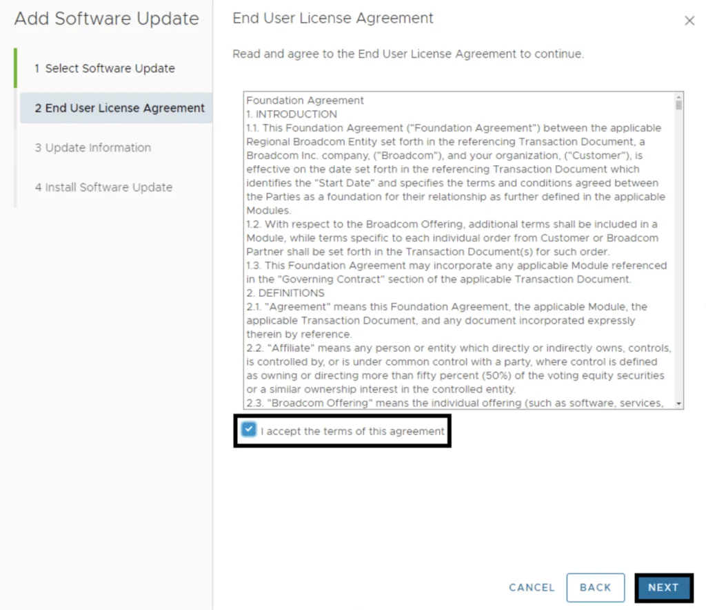 Wizard step: “End User License Agreement” checkbox, text, “Next” button visible.