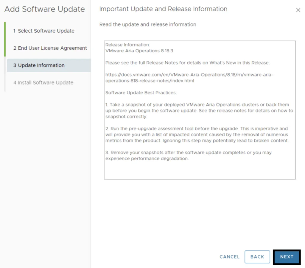 Software update wizard step showing release info for VMware Aria Operations 8.18.3.