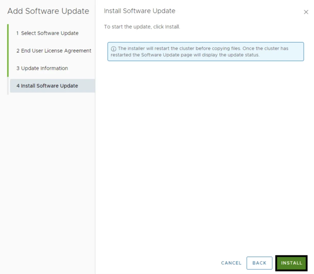 Wizard step: Install Software Update. Click Install to restart cluster and apply update.