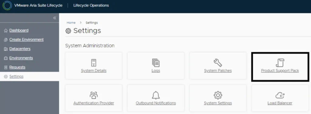Settings screen shows “Product Support Pack” option for Aria Suite Lifecycle 8.18 upgrade.