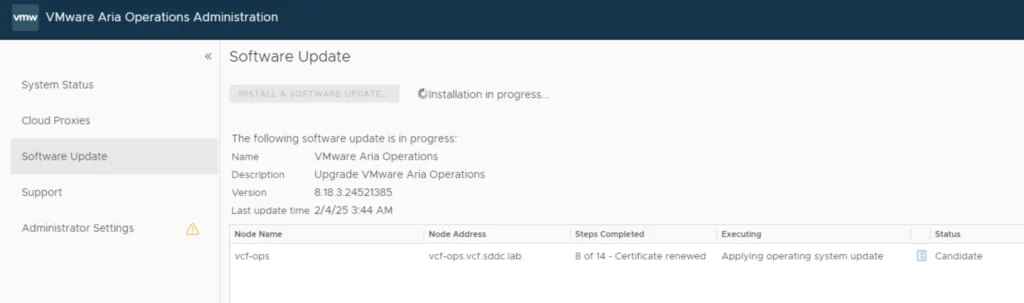Software update in progress: VMware Aria Operations upgrade to 8.18.3.