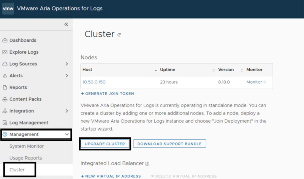 The image shows the Cluster Management page in VMware Aria Operations for Logs, with an option to upgrade the cluster.