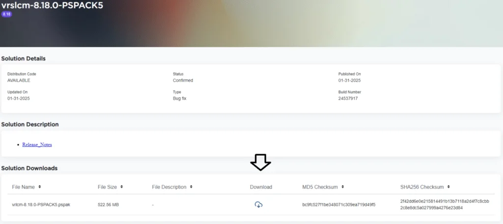 Solution details and download links for Aria Suite Lifecycle 8.18 PSPACK5 are displayed.
