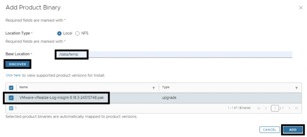 Adding a product binary for VMware vRealize Log Insight 8.18.3 upgrade in Aria Suite Lifecycle.