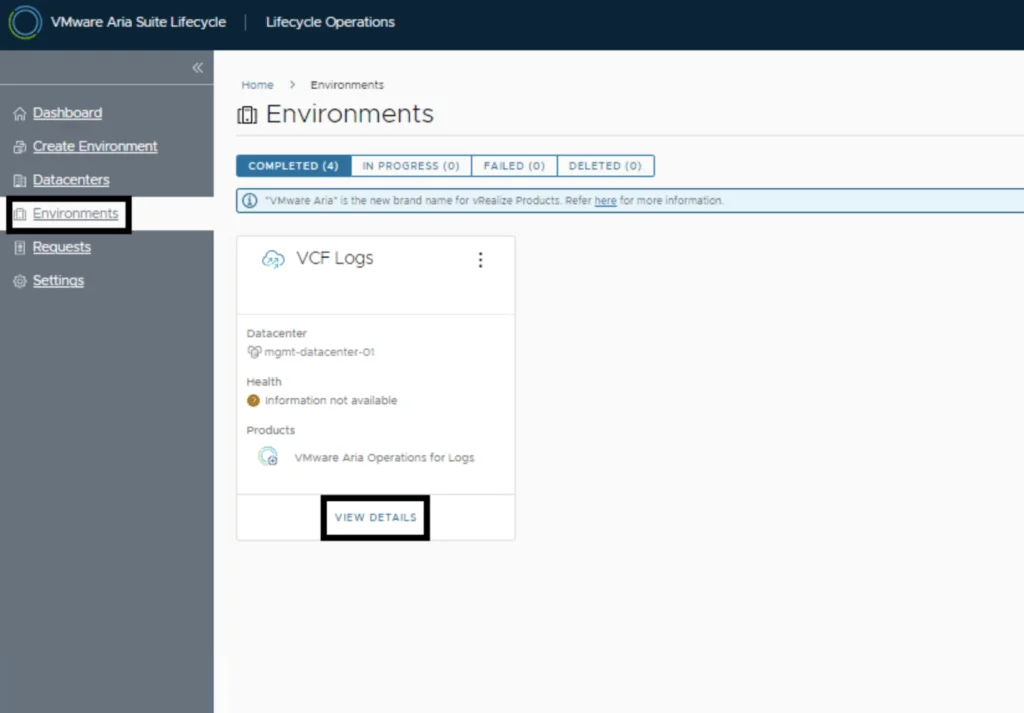The screenshot shows the “Environments” page in VMware Aria Suite Lifecycle, with a focus on “VCF Logs” and “View Details” button.