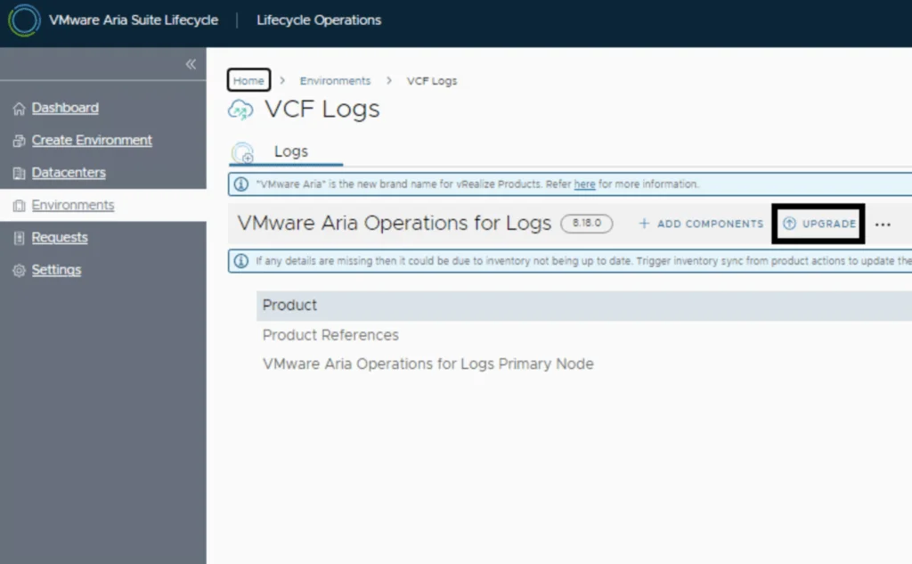 The image shows the “Upgrade” button in VMware Aria Operations for Logs 8.18.0, ready for an upgrade to 8.18.3 via Aria Suite Lifecycle.