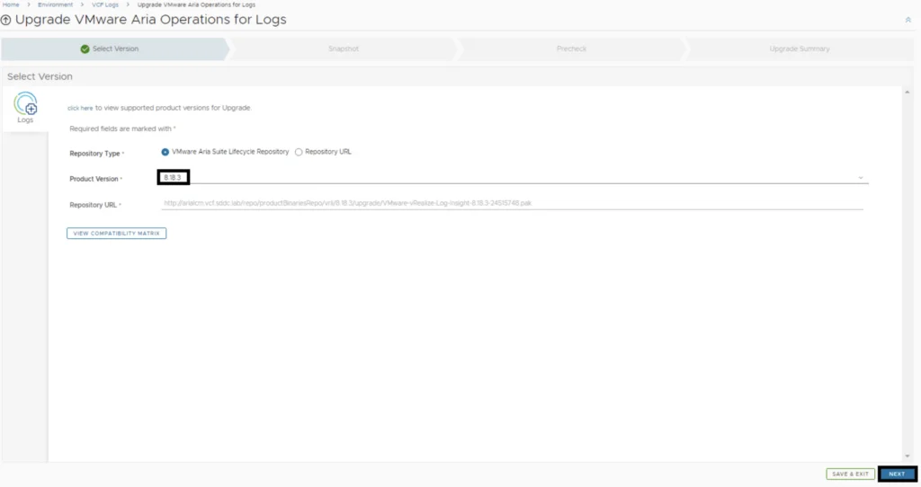 Selecting version 8.18.3 for VMware Aria Operations for Logs upgrade.