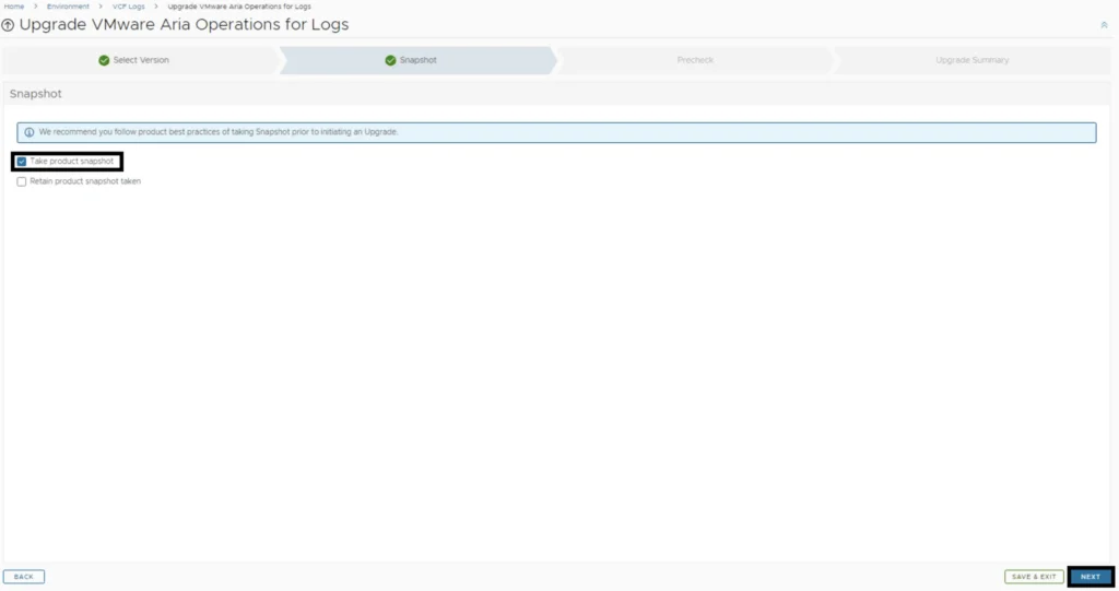 Upgrade step showing snapshot option; checkbox for taking snapshot, retain option, Next button.