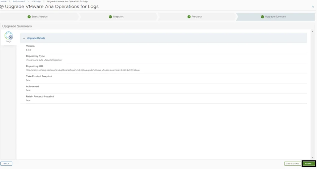Upgrade summary shows version 8.18.3 details, repository URL, and options like auto revert and retain snapshot.
