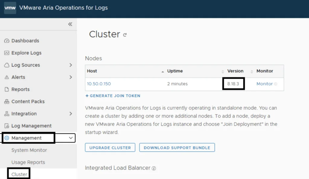 The image shows the Cluster page in VMware Aria Operations for Logs, with a node listed and upgrade options available.