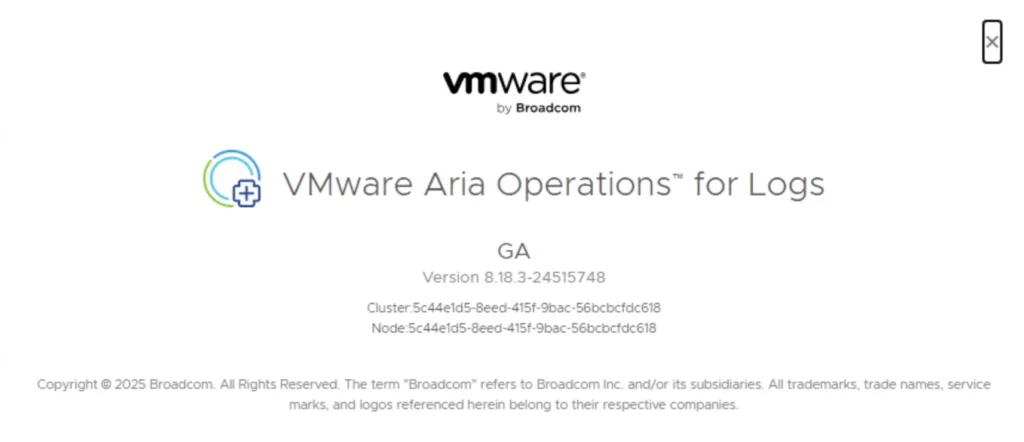 The image shows VMware Aria Operations for Logs version 8.18.3-24515748, confirming successful upgrade.