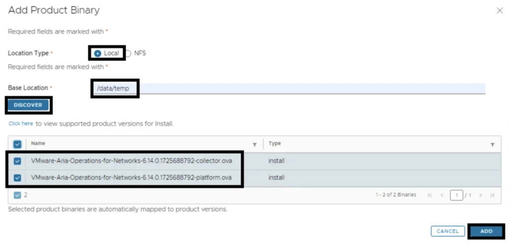 In the Add Product Binary step, select VMware Aria Operations for Networks packages and click Add.