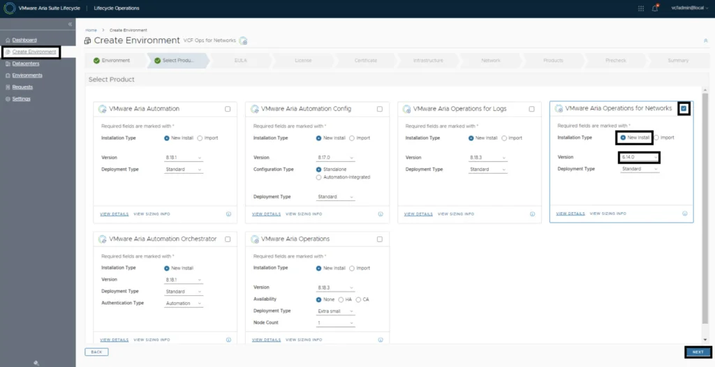 Selecting version 8.14.0 for VMware Aria Operations for Networks in the Create Environment wizard.