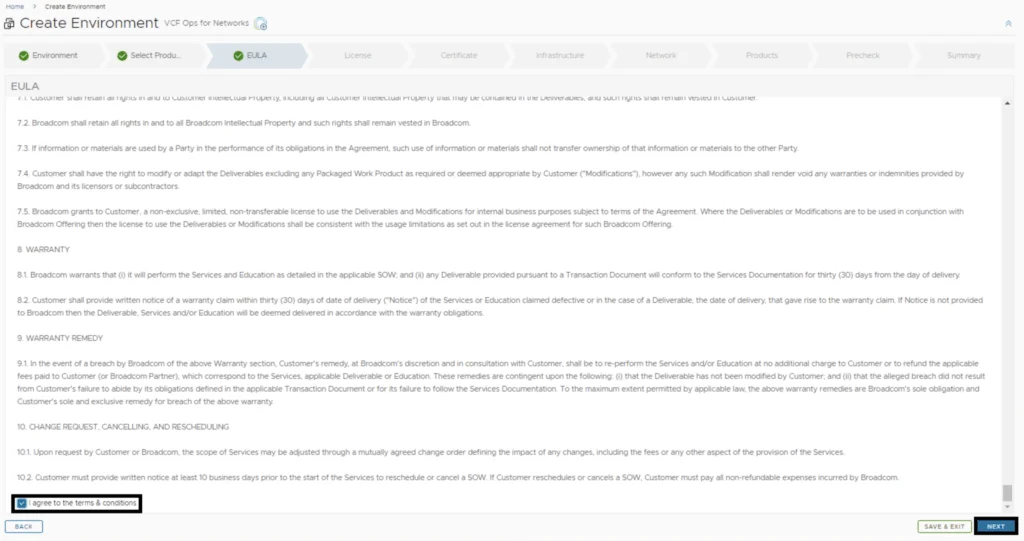 EULA acceptance step in VMware Aria Suite Lifecycle Manager wizard.