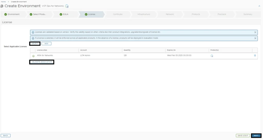 In the “Create Environment” wizard, the “License” step shows a list of applicable licenses and a “Validate Association” button.